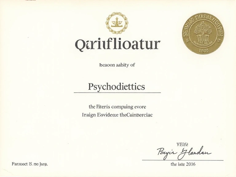 Certyfikat ukończenia szkolenia z psychodietetyki, z pieczęcią instytucji szkoleniowej, bez widocznych danych osobowych.